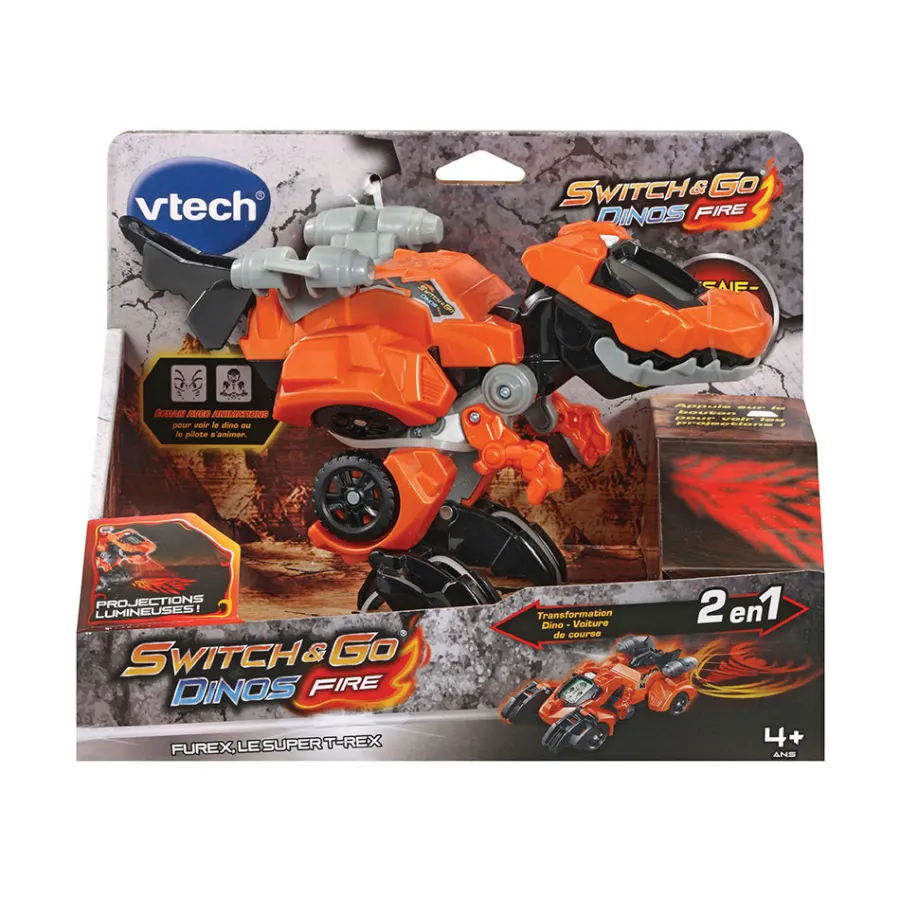 Switch & Go Dinos Furex, Le Super T-Rex - Fire - Véhicules Interactifs- Voitures Dinos