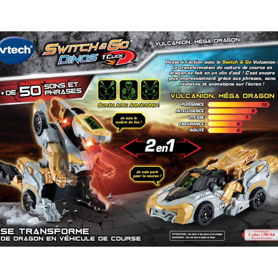 Switch & Go Dinos Vulcanion, Mega Dragon- Voitures Dinos